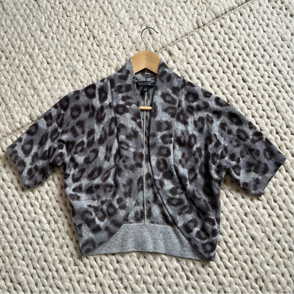 Leopard Print Short Sleeve Open Cardigan - Gray